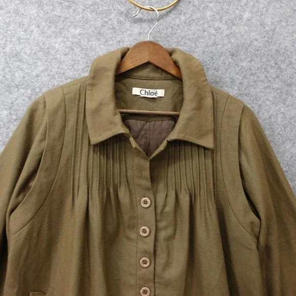Vintage Chloe Shift Dress Womens LARGE Olive Army Green Wool Pintuck Luxury